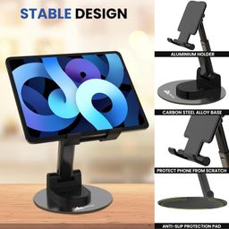 WeCool T1 Mobile Stand for Desk with 360°Rotation & Stable Metalic Round Base,Tabletop Phone Stand with Height & View Angle Adjustment,Portable Phone Holder for Smartphones,Tablets,Kindles & for iPad image 4