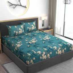 AMEYAA Premium Heavy Cotton Elastic Fitted Bedsheets with 2 King Size Pillow Covers || Double Bed with All Around Elastic 350 TC || 72 x 78 Inch King Size Fitted || - Green Flower image 3