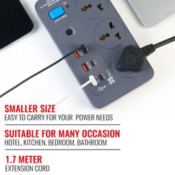 Spartan Extension Board 10 Amp 3 Socket, 3 PD Charge, 3 USB Charger Points with 1.7 Meter Wire Multi Plug Sockets with AutoCut Overload Fuse & Switch Button for Table Fan Charger TV Computer | (Grey) image 4