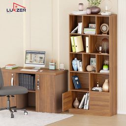 Lukzer Engineered Wood 10 Open Cube Bookcase with Push Latch Doors & 2 Bottom Shelf | Open Display Storage Shelf for Home & Office DIY Assembly (MR-033/Oak Brown/177 x 30 x 80cm) image 4