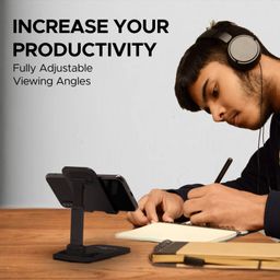 Amkette Ergo Desk Phone Holder, Foldable Mobile Stand with Height Adjustable Design and Anti-Slip Silicone Grips for Office and Home use, Compatible with Smartphones and Tablets (Black) image 4