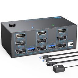 8K KVM Switch 3 Monitors 2 Computers Triple Monitor 2 Displayport 1.4 and HDMI 2.1 USB 3.0 KVM Switches, DP 1.4 Supports 8K@30Hz/4K@144Hz, HDMI Supports Max 8K@60Hz /4K@120Hz with Wired Remote Control image 1