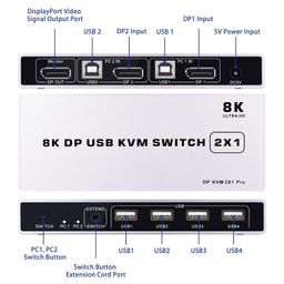 2x1 DisplayPort KVM Switch USB 2 Port PC Computer KVM Switch Keyboard Mouse switch Box with USB 2.0 HUB Support 8K @ 60Hz 3D HDCP 2.2 image 2