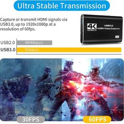 ipxozo Capture Card, 4K HDMI Audio Video Capture Card, USB 3.0 Capture Adapter 1080P 60FPS Video Recorder Device for Game Recording, Works for Nintendo Switch, Streaming Live,Support X-Box/OBS/Camera/PC image 4