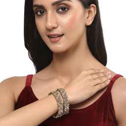 zeneme Gold-Plated White Kundan studded Designer Floral Style Bangles Jewellery Set for Girls and Women (Set Of 2) image 4