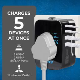 Orei 5 in 1 Universal Charger Adapter with Type C - 2X USB-A & 2X USB-C (3.4A) - Universal Travel Adapter All in one for USA, UK, Europe & More – CE, FCC Certified - 3 Year Warranty image 5