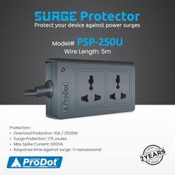 ProDot Power Spike Guard, Strip Surge Protector with Master Switch and 2 Outlets, Heavy Duty Extension Cord for Home, Office, Travel & Phone Charging Bricks (5 Meter) image 2