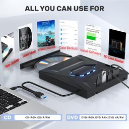 ryzcare Multi-functional, External CD/DVD Drive with USB Hub, Thin and Portable for Both USB/USB-C Ports, Driver Installation, Built-in Cable, Supports CD/DVD Reading, Writing, Recording, Thin, Silent image 4