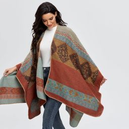 misstyle Women's Color Block Warm Shawl Wrap Cape Poncho Open Front Long Winter Sweater Coat image 5