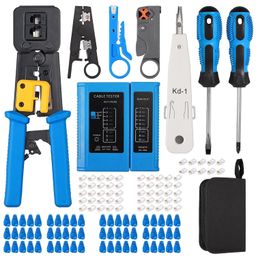 GITRU Crimp Tool Kit Cat5 Cat5e Cat6 RJ45 Crimping Tool, 50PCS RJ45 Cat6 Pass Through Connectors, 50PCS Covers, Network Cable Tester, Wire Punch Down Cutter(Blue) image 1