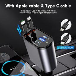 sellwize 120W Fast Car Charger (2025 New Version) with 80CM Retractable Type-C & 30-pin Port Cables – Simultaneous Charging for 4 Devices – Universal Car Mobile Charger for All Smartphones & Tablets image 2