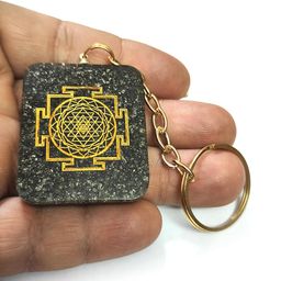 astroghar Shree Yantra Laxmi Ji Yantra With Natural Pyrite Crystal Chips Inside Orgone Key Chain Key Ring image 3