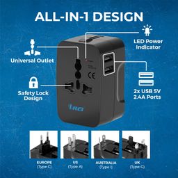 Orei Universal Charger Adapter - 3 in 1 Worldwide Travel Adapter with Dual USB - Universal Socket with 2X USB-A 2.4A - Universal Travel Adapter All in one for US, Europe & More - 10 Year Warranty image 3