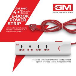 GM 3060 E-Book 4 + 1 Power Strip Red & White Color 250 Volts with Master Switch, Indicator, Safety Shutter & 4 International sockets, Extension Cord for Home Appliances image 4