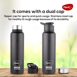 Pigeon Inox Hydra Duo, Dual Cap, Flipper Cap and Fridge Cap in one bottle, Easy to use, Multipurpose all in one bottle 900ml, Black image 2