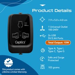 Ceptics Universal Charger Adapter, Travel Adapter International All in One, 2X 2.A USB-A with 15W Total Output, Use in 150 Countries, Type A, C, G, I Output with Universal Input - Black image 3