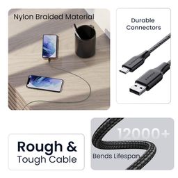 Ambrane Braided Type C Cable (Pack Of 2) Unbreakable 3A Fast Charging 1.5M For Smartphones,Tablets,Laptops & Other Type C Devices,Pd Technology,480Mbps Data Sync,Quick Charge 3.0 (Rct-15 Combo)-Black image 4
