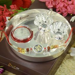 GoldGiftIdeas Pure 999 Silver OM Rakhi for Brother, Certified Golden Silver Rakhi for Rakshabandhan with Pooja Thali Set (5 Inch), (Men/Boys) image 2