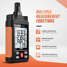 protmex HT607 Temperature Humidity Meter High Precision Digital Hygrometer with Ambient, Relative Humidity, Dew Point, Wet Bulb Thermometer, Min/Max Hold, LCD Backlight with Cover Protector image 2