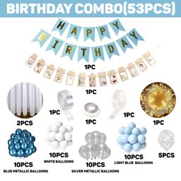 Party Propz 1st Birthday Decoration Kit For Boys - 53 Pcs First Happy Birthday Decorations Boy, 1 set of 12 Frames Monthly Banner, Net Curtains, String Light image 2