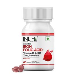 INLIFE Chelated Iron Folic Acid Supplement with Vitamin C, E, B12, Zinc & Selenium for Men Women - 60 Tablets (Pack of 1, 60) image 1