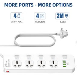Hoteon 2500W Extension Board With Usb Slots, Individual Switch & Safety Shutter, 4 Usb Ports(3.4A) 4 Way Outlets Power Strips With Universal Sockets And 2M Extension Cord (3-Pin, White), 250 Volts image 2
