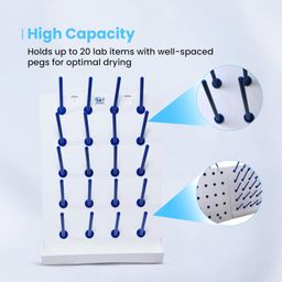 SBT INSTRUMENTS Laboratory Drying Rack 20 Pegs Collection Tray which Collects All The Waste Water/for Lab White Base with Blue Polypropylene Pegs Pack of 1 image 5