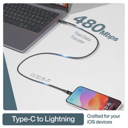 Ambrane Type-C to Lightning iPhone Cable, 22.5W Fast Charging, 480Mbps Data Sync & Car AirPlay, LED Indicator, Compatible with iPhone 14/13/12/11/10/8/7/6/6, iPad, AirPods 1.2m (ABTL-12T, Black) image 3