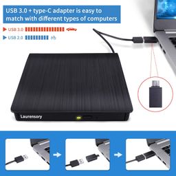laurensory External DVD Drive USB 3.0 Type-C Portable Player for Laptop CD/DVD +/-RW Disk Drive ROM Burner Writer Reader Compatible With Desktop Windows Linux OS Apple MacBook image 2