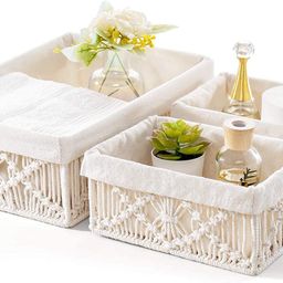 modern homes - feel the difference Modern Homes Macrame Storage Baskets with Removable Cloth Liner Boho Handmade Woven Decorative Countertop Shelf Organizer for Bedroom Nursery, Set of 3 image 1