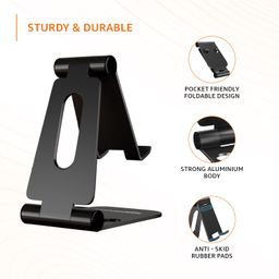 amazon basics Aluminum Adjustable Mobile Phone Foldable Tabletop Stand Dock Mount for All Smartphones, Tabs, Kindle, iPad (Black) image 2