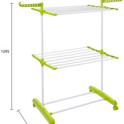 Amazon Brand - Solimo Steel Double Supported 2 Layer Cloth Drying Rack | Foldable, Movable | 54D x 64.9W x 127H cm | White & Green image 4