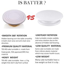 TEX-RO Cake Decorating and Icing Turntable/Serving Stand, Signature Edition 360° Smooth Rotating Cake Stand, Silver Top & Golden Bottom, 12 Inch (30 cm) Diameter Fiber Cake Turntable (Silver,Gold) image 2