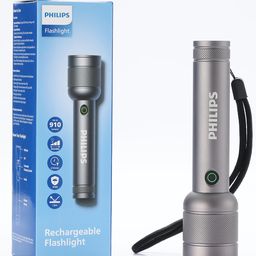PHILIPS Portable Torch Light, 910LM Rechargeable Flashlight with 3 Lighting Modes, 300 Meter Coverage, IP55 Waterproof, Handheld Flash Light for Home, Camping, Hiking, Emergency（Gray） image 1