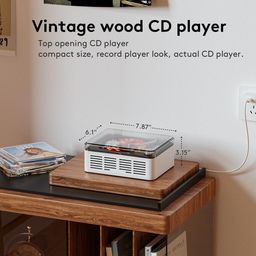 caronsort CD Player with Bluetooth Transmitter, Nostalgic Retro Wood Music Player, Built-in Speakers-Bass Boost, FM Radio for Home/Wired&Remote Control-White image 5