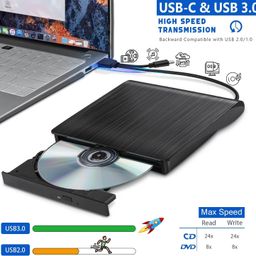 ruhza External DVD Drive USB 3.0 & Type-C CD Burner, Slim Portable Optical Drive CD/DVD ROM +/-RW Rewriter 2in1 Portable Compatible with Laptop PC MacBook Desktop Notebook Windows Linux Mac OS - Black image 2