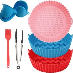 itusha 3 Air Fryer Silicone Liners & 3 Air Fryer Accessories - 7.87 inch (3-5 Qt+) Food Grade Reusable Silicone Baskets/Pots/Liners with Oven Mitts, Basting Brush and Tongs Multi Color image 1