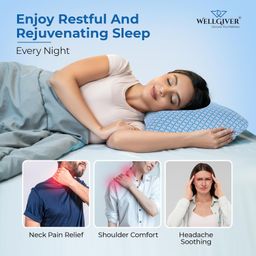 wellgiver Ergonomic Memory Foam Pillow for Neck Pain | 2 Years Warranty | 21 x 14 x 4.5 Inch | Orthopedic Pillow for Side Sleeping | Removable Washable Jacquard Blue Cover | Pack of 1 image 4