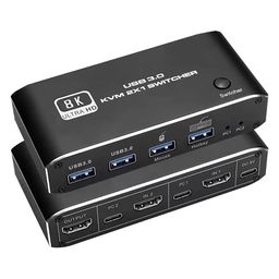 Etzin 2 Port HDMI 2.1 KVM Switch 8K@60Hz 4K@120Hz KVM Switcher with 4 USB 3.0 Hub for 2 Computers Share Keyboard Mouse Printer and one HD Monitor with 2 Pcs USB-C Cable-(EPL-551H) image 1
