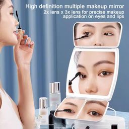 Jukmen Tri-fold Lighted Vanity Makeup Mirror with 3x/2x/1x Magnification, Led Light and Touch Screen 180° Adjustable Rotation,Battery and USB Powered,Countertop Cosmetic Mirror image 4