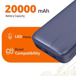 Amazon Basics 20000 mAh Power Bank | 22.5W Fast Charging | Dual Output & Input | Charge 3 Devices Simultaneously | for Smartphones, TWS Earbuds, Speakers, Tablets (Dark Blue) image 2