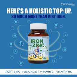 ZEROHARM Iron with Zinc & Folic Acid tablets | Plant based Iron Folic Zinc | Iron supplements for anemia | Boosts energy and strength| Enhances brain function | Boosts athletic performance| 60 Tablets image 4