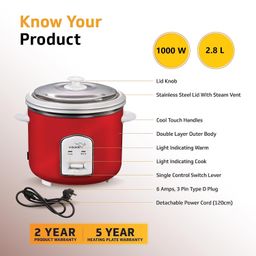 V-Guard Rice Cooker with Double Bowl BIS CERTIFIED 2.8 litres ||2 Cooking Pot|| Double layer outer body|| 1000 Watts 5-Year Heating Plate & 2-Year Product Coverage by V-Guard {2.8 L, Red -VRC2.8(2CB)} image 2