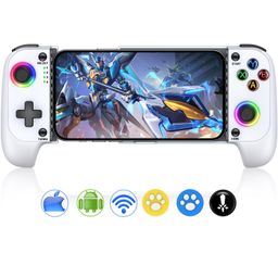 PunnkFunnk Bluetooth Smartphone Gamepad with iPhone/Android, XBOX, PC, PS4, PS3 HID & Keymap modes | Bluetooth v5.0 | Dual Vibration motors | Magnetic Hall 3D Joysticks | RGB Lighting & Backlit(White) image 1