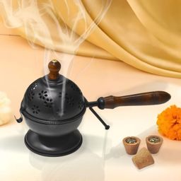 DSH Metal Incense Burner Loban Dani with Handle Dhoop Dani Dhuna Loban Burner Round Table-Top Iron Incense Holder for Loban Bakhoor Burner.(LBN-DOM-Black) image 2