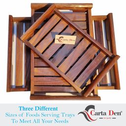 CARTADEN Wooden Serving Trays Modern Style With Cutout Handle Large, Medium And Small For Food, Wooden Trays For Breakfast - Natural Wood And Brown (Set of 3) Rectangular image 2