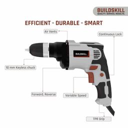BUILDSKILL 400W drilling machine for home use | 10mm keyless chuck | copper motor with 2800 RPM variable speed | forward & reverse | drill machine for wall drilling, screwdriving & impact drilling image 2