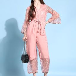 modestouze attires Women's Geometric And Zari Printed Ankle Length Net Fabric Flared Sleeves Jumpsuit (MAT15) image 3