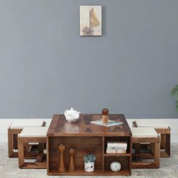 shri ram industries Shriram Sheesham Wood Nesting Coffee Table Set with 4 Cushioned Stools – Rustic Teak Finish image 1