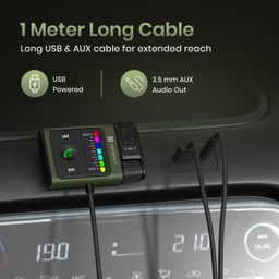Portronics Auto Tune Car Bluetooth Receiver with Hands-Free Calling, Playing Music, Dynamic Lighting, 1m USB/AUX Cable, Bass Control Roller, Built-in Mic for Wireless Car Stereo Audio (Black) image 4